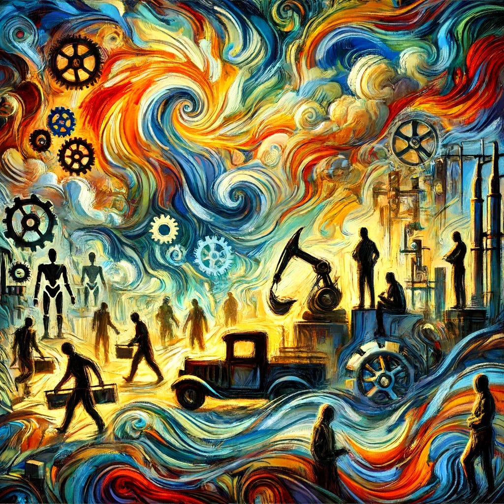 Abstract representation of the impact of robots on employment. A blend of vibrant, swirling brushstrokes and bright, contrasting colors. The scene features figures in motion, symbolizing the displacement of workers in manufacturing. In the background, elements suggest the rise of the service sector, production and maintenance of robots, and the creation of new tasks. The atmosphere is expressive and somewhat melancholic but with a hopeful undertone, symbolizing the mitigation of job losses. The main medium resembles oil on canvas, capturing raw, intense emotions in a style reminiscent of Munch's expressionism.