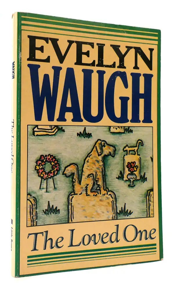 Cover of Evelyn Waugh's The Loved One featuring headstones cared with pet shapes.