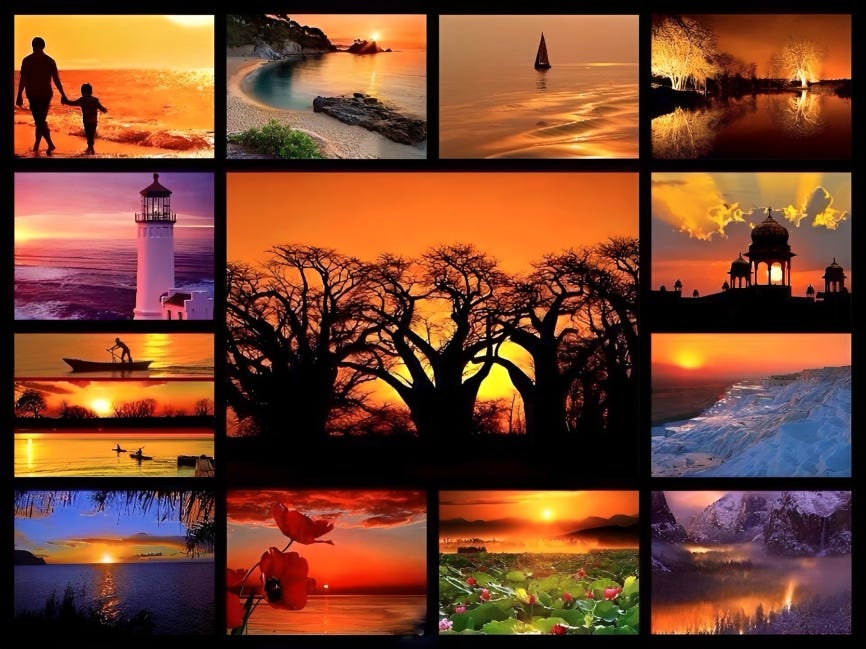 A collection of stunning sunsets showcasing vibrant hues of orange, pink, and purple against a backdrop of silhouetted landscapes."