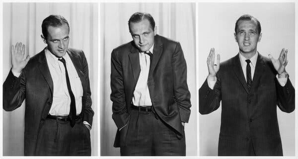 Three black-and-white photos of a man in a suit with a skinny tie. From left: he holds his right hand in the air, he puts both hands in his pockets, he holds both hands out.