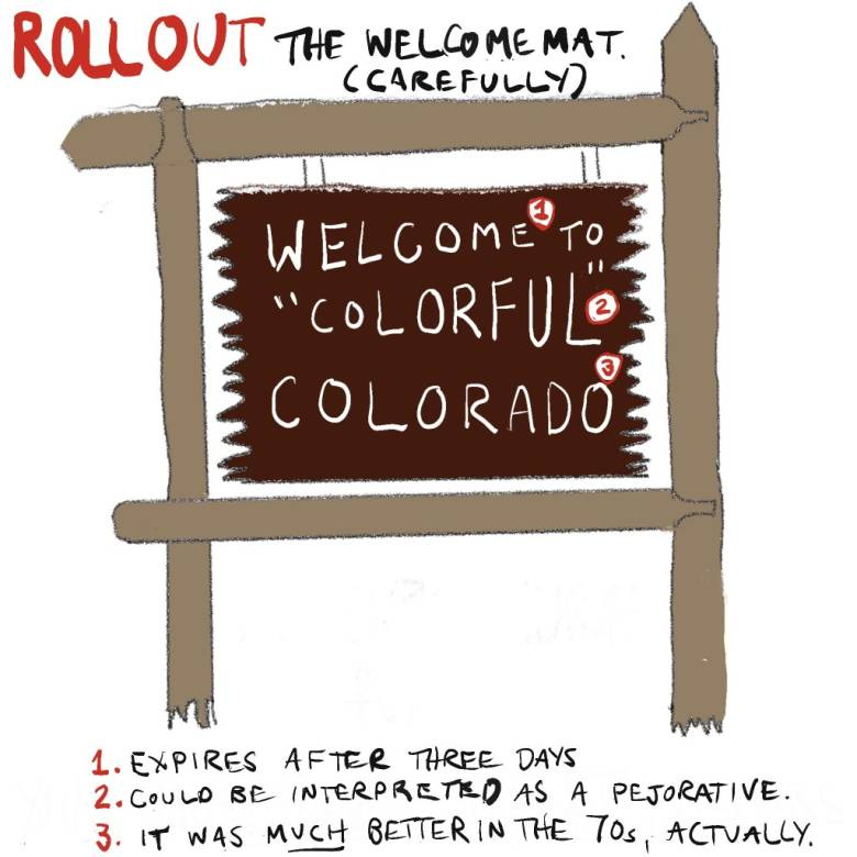 A cartoon of the Welcome to Colorful Colorado sign that has been annotated