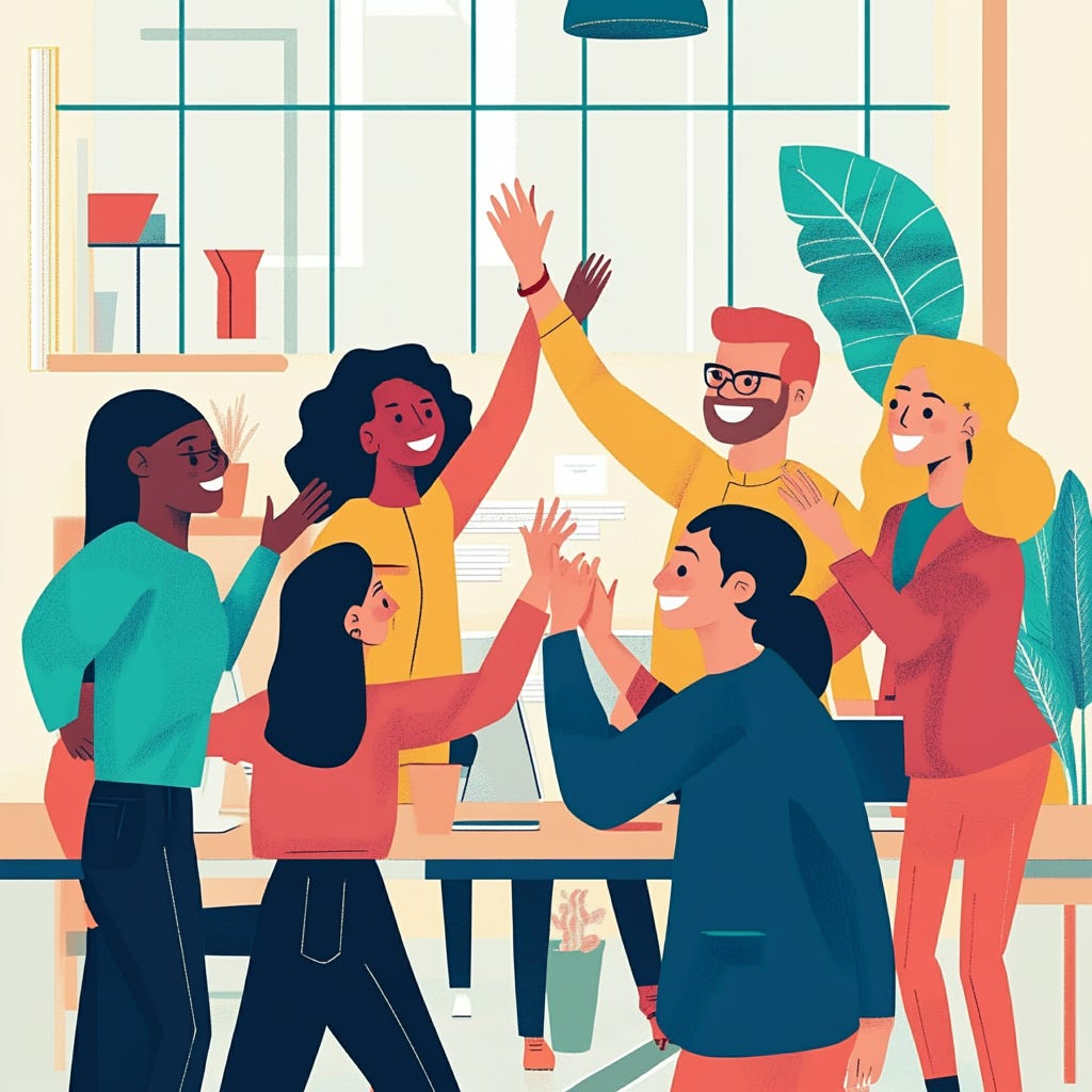 an illustration of A diverse group of smiling office workers giving each other high-fives and thumbs-up gestures in a bright, modern workspace