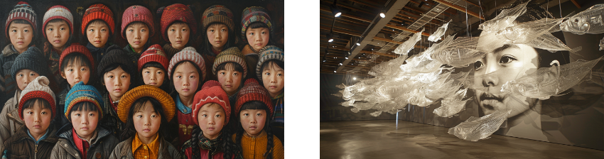 A digital artwork juxtaposes two contrasting yet interconnected scenes. On the left, a group of children wearing colorful winter hats faces the viewer directly with solemn expressions, conveying a sense of unity and collective strength. On the right, a large-scale installation features translucent fish sculptures suspended mid-air, weaving around a monochrome portrait of a woman's face. The delicate fish blend with the portrait, symbolizing fluidity and interconnectedness between humanity and nature.