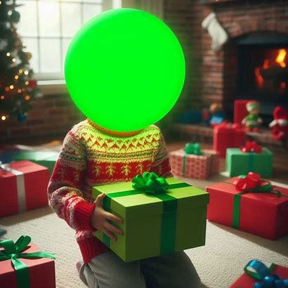 photo of a kid opening presents on Christmas morning. The kid doesn't have a head but instead has a basic bright neon green sphere in its place. 