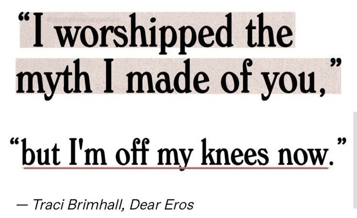 This may contain: an image of a quote that reads, i worshiped the truth in my made of you but i'm off my knees now