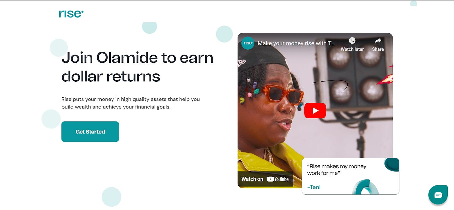 A screenshot of a Risevest referral landing page. It reads "Join Olamide to earn dollar returns"