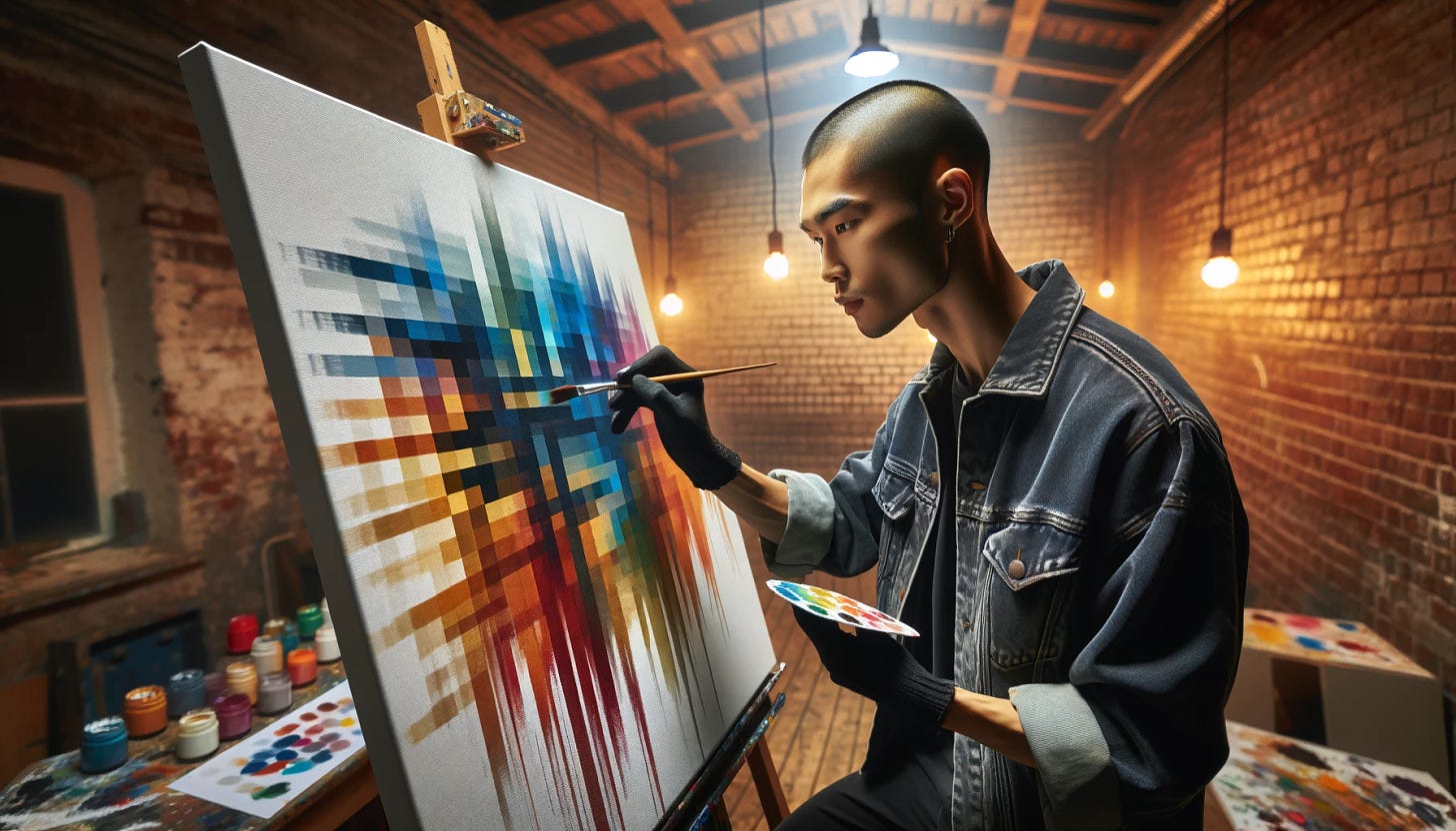 Photo of a painter in an industrial-style studio with high ceilings and exposed brick walls, illuminated by a soft overhead light. The artist is a young East Asian man with a shaved head, wearing a denim jacket and black gloves, his expression one of concentration as he applies bold strokes of color to a horizontal canvas. The letters 'AI' are painted in the center, each stroke combining a different shade, resulting in a rainbow-like collage that captures the essence of digital and artistic fusion.