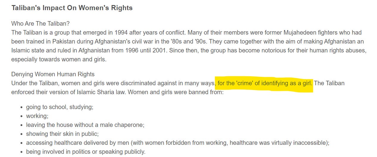 screen shot of webpage entry reading "Under the Taliban, women and girls were discriminated against in many ways, for the "crime" of identifying as a girl.