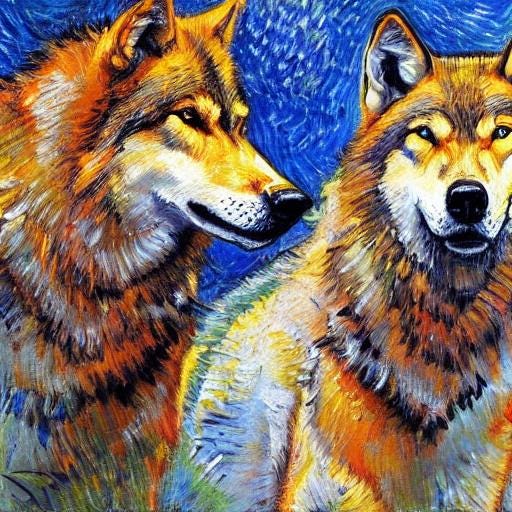 Portrait of two wolves in a painterly style loosely after Van Gogh
