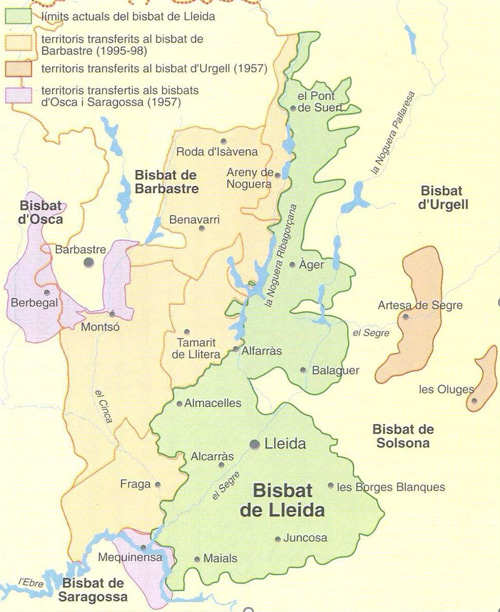 Distribució territorial actual dels bisbats de la franja de ponent.