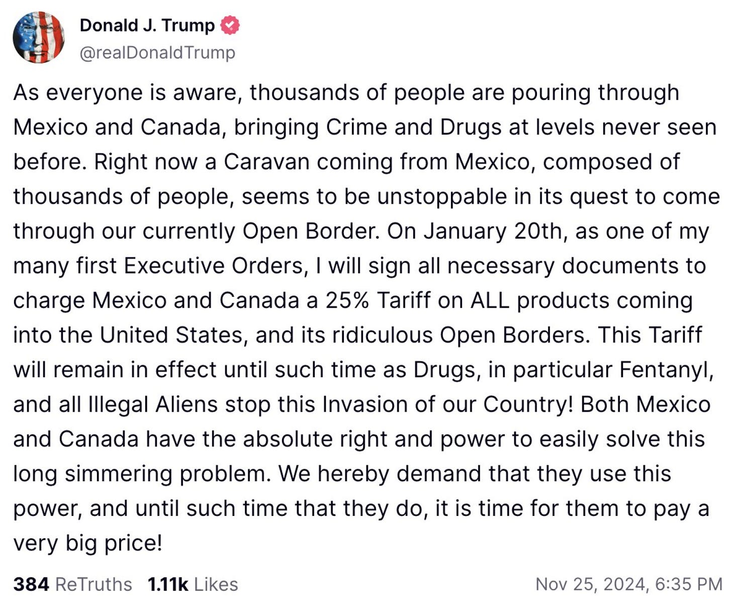 Read Trump's tariff threat on China, Canada and Mexico