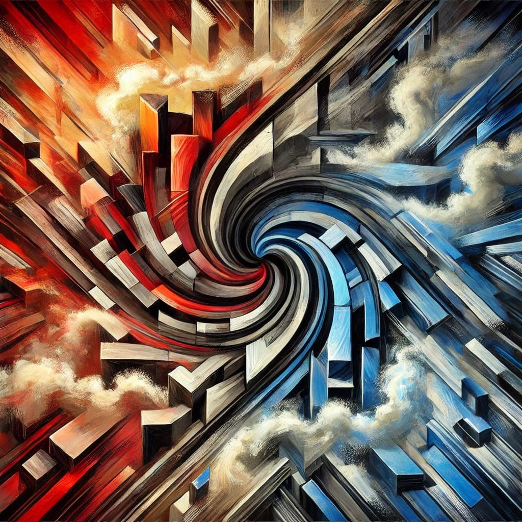 An abstract painting representing political power struggles and institutional conflict. The artwork features bold, fragmented geometric shapes in red, blue, and black, symbolizing opposing forces. A swirling central element conveys tension and turbulence, while layered textures suggest complexity and instability. The background transitions between warm and cool tones, reflecting shifting dynamics and uncertainty.
