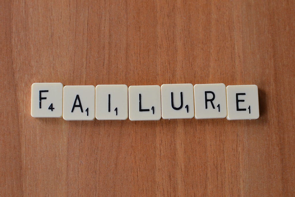 Scrabble tiles spelling "failure"