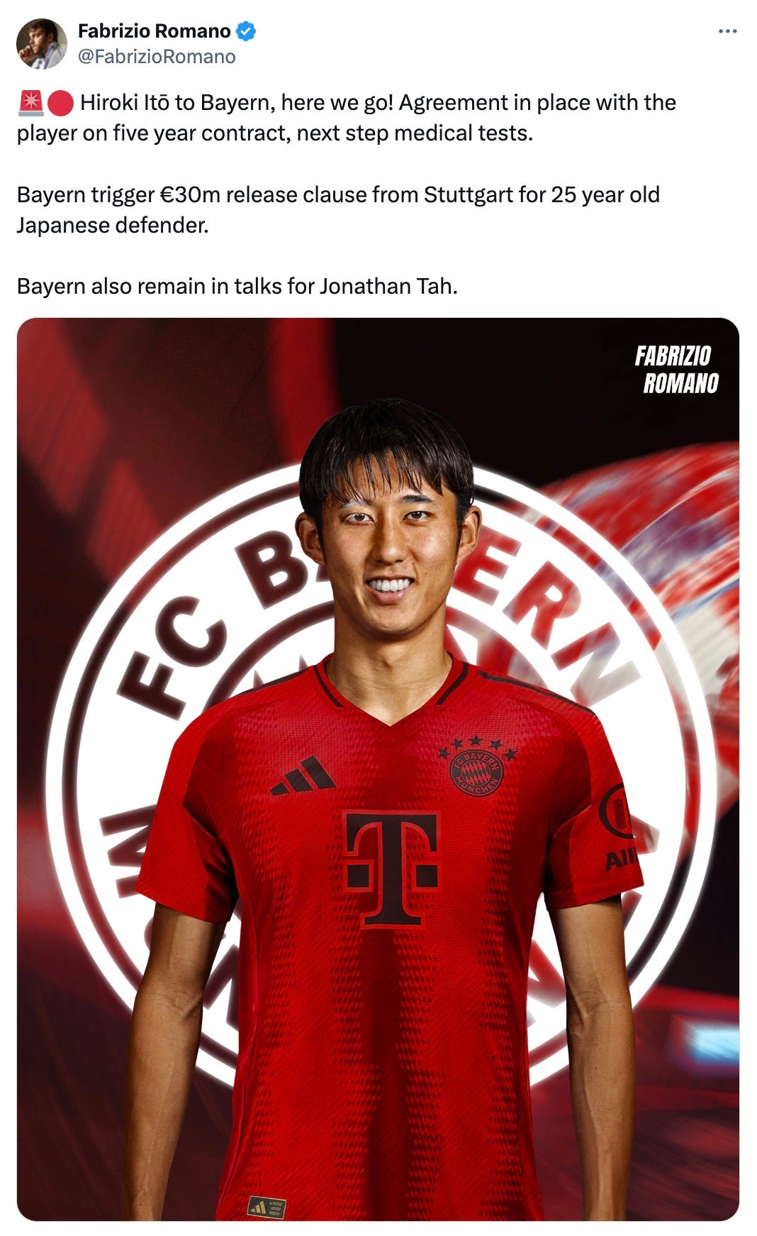 A tweet by Fabrizo Romano about Hiroki Ito agreeing terms with Bayern Munich