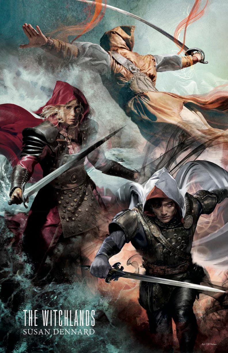 A poster showing the cover art from Truthwitch, Windwitch, and Bloodwitch. MErik is jumping, so we only see his back. Safi is staring right at you with her sword out. And Aeduan is lunging toward you, sword in hand.