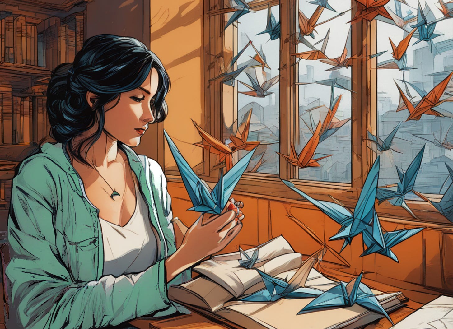 Woman with paper cranes