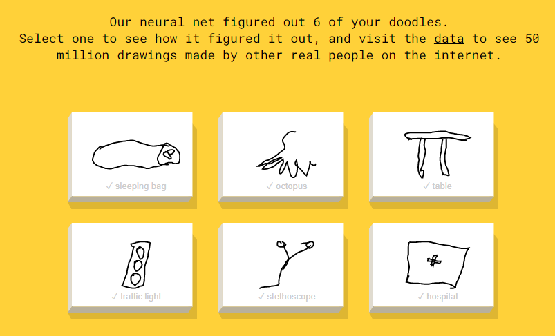 Game of Quick Draw with all doodles guessed: sleeping bag, octopus, table, traffic light, stethoscope, hospital