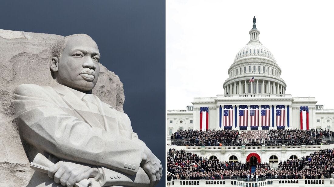 Side-by-side photos of the Martin Luther King, Jr. Memorial and Trump's 2017 inauguration, both in Washington, D.C.