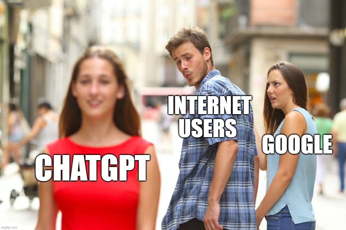 A stock image of a distracted boyfriend looking at a passing woman while his girlfriend looks on in dismay. The boyfriend is labeled "internet users," his girlfriend is labeled "Google," and the passing woman is labeled "ChatGPT."