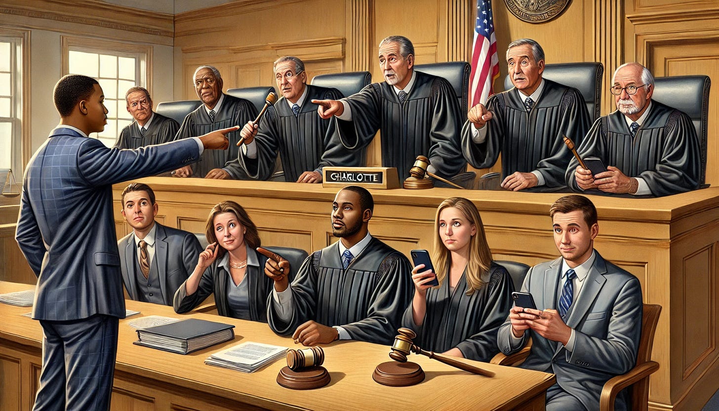 A rendering of several federal judges in a Charlotte courtroom, holding gavels and politely scolding attorneys who are on their phones, pointing at them. The judges are dressed in traditional black robes, with calm but stern expressions, and the attorneys look embarrassed. The rendering style is detailed but not too photorealistic, with a slightly exaggerated and illustrative appearance. The courtroom is classic with wooden benches, a judge's bench, and the American flag in the background.