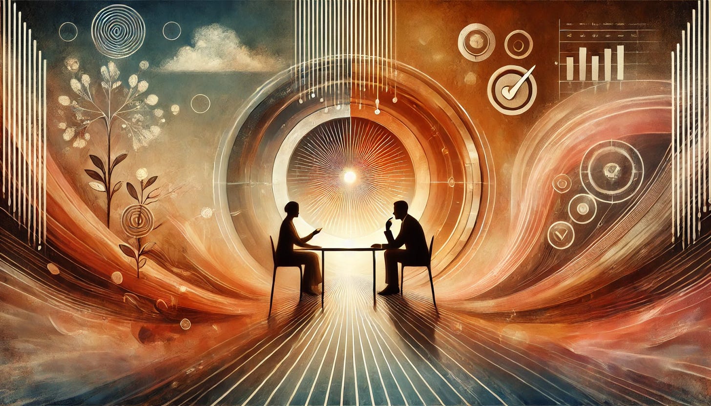 An artistic representation of the concept of giving and receiving feedback. The image shows two figures sitting across from each other at a table, one person speaking while the other listens attentively. Between them, a glowing circle symbolizes the exchange of ideas and understanding. In the background, abstract lines and shapes form a balance between progress and reflection, with a subtle overlay of text bubbles and checkmarks to suggest feedback and communication. The overall color scheme includes warm tones to represent trust and openness, blending into cool tones for calm and clarity.