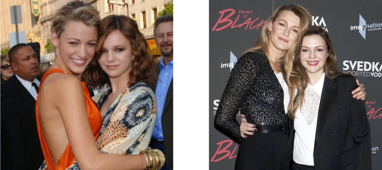 Left, Blake and Amber hug at the premiere of "The Sisterhood of the Traveling Pants" in 2005. Right, Blake and Amber hug at the premiere of Amber's film "Paint It Black" in 2017. 