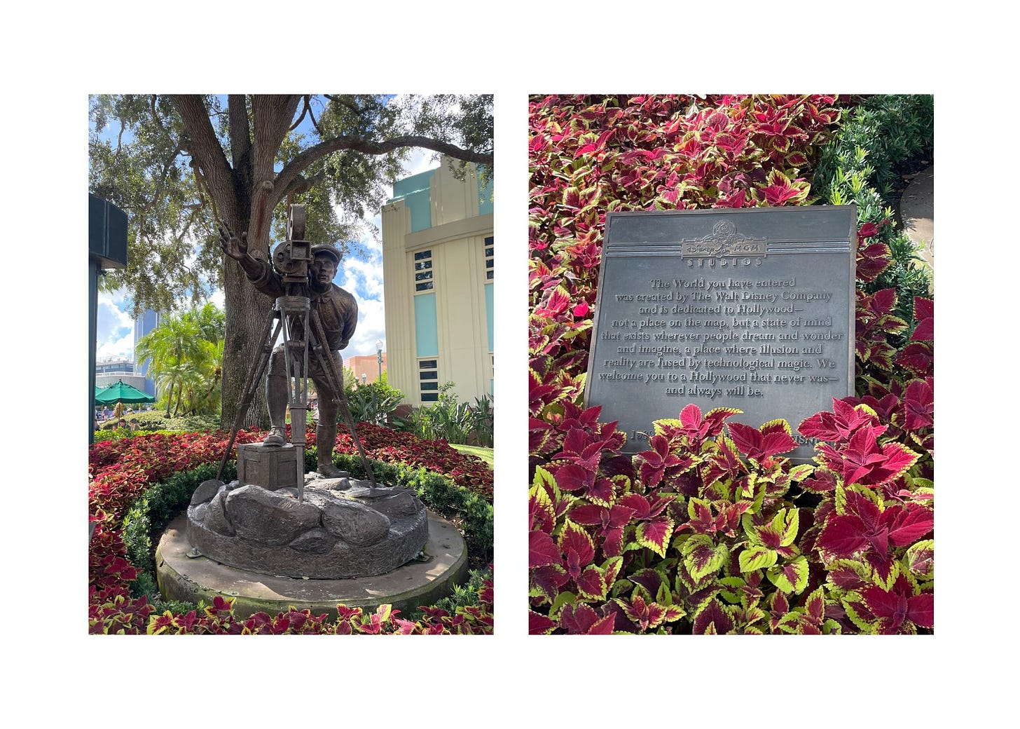 A side by side image of a filmmaker statue and a plaque from Disney's Hollywood Studios.