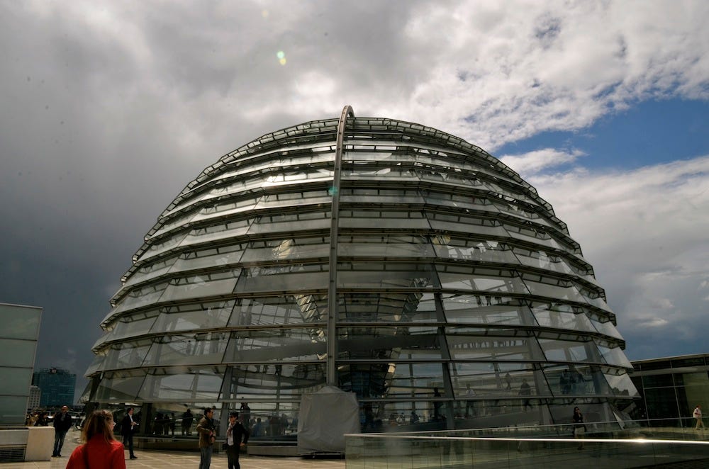 The Dome in its entirety as seen from the terrace ouside. We walked out into sunshine and a rain drenched bright sky!