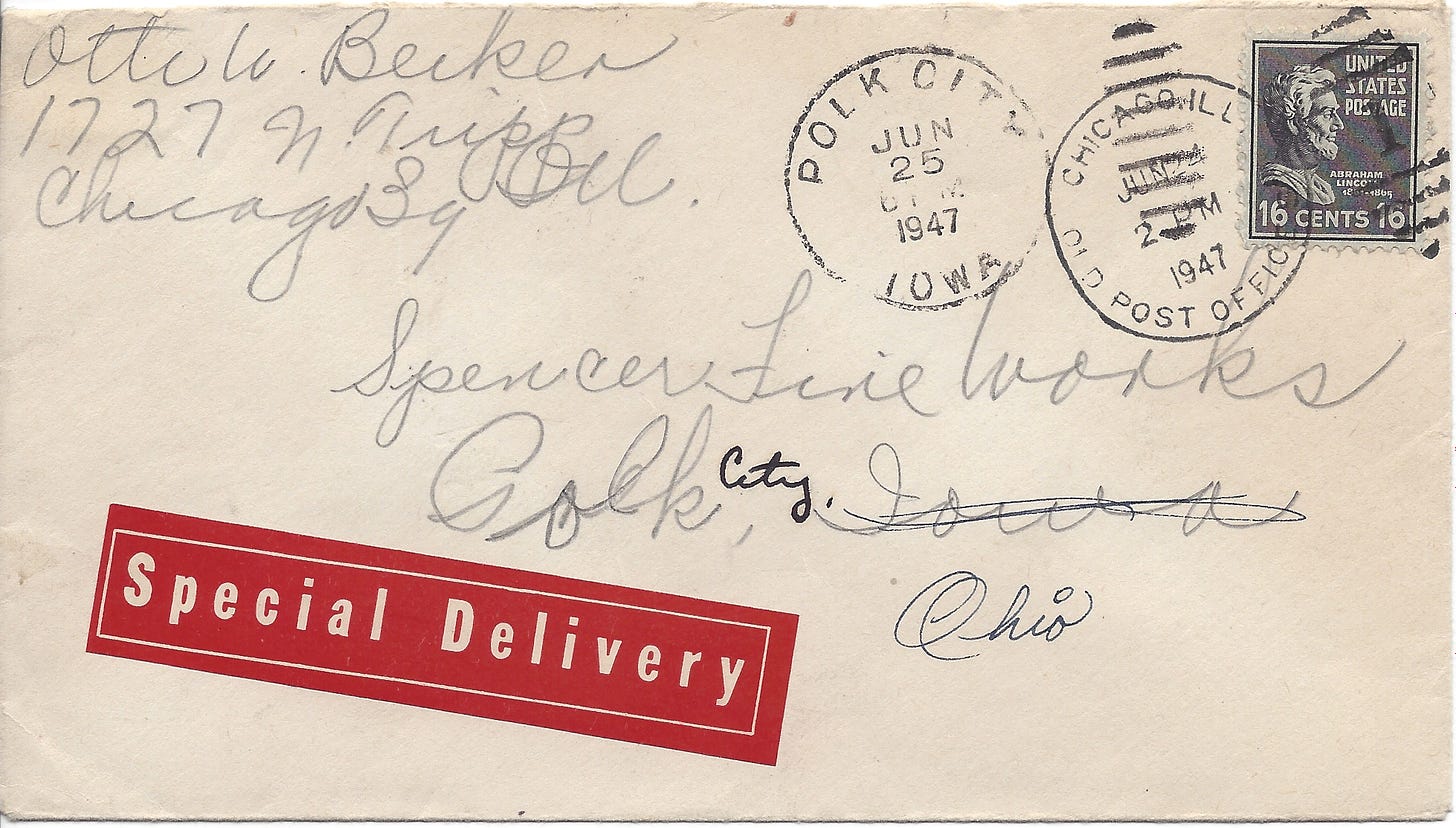 1947 letter from Chicago to Polk, Ohio