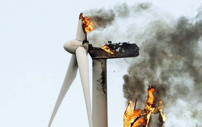 A wind turbine destroyed by fire. Ambitious plans for US offshore wind have run into trouble recently