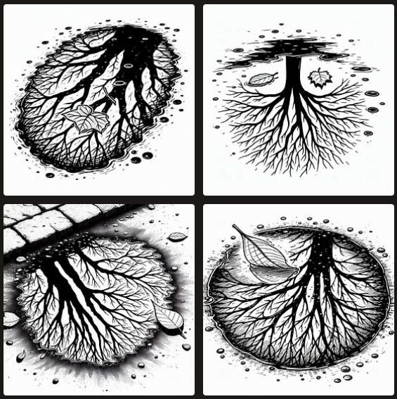 Four AI-generated images: Black and white line drawings of a puddle that shows the reflection of a tree.