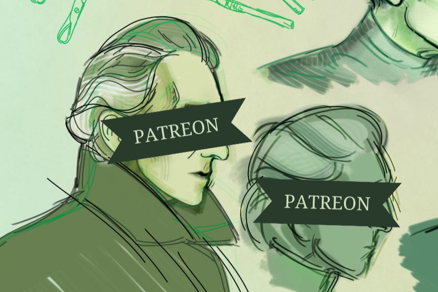 Digital art. Two mad scientist faces in profile. Banners covering eyes read "PATREON." All in shades of green.