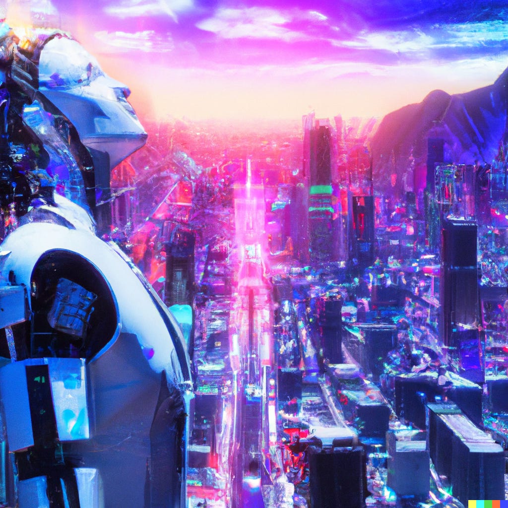 Image of an AI cyborg looking over a city painted in digital art style, cyberpunk