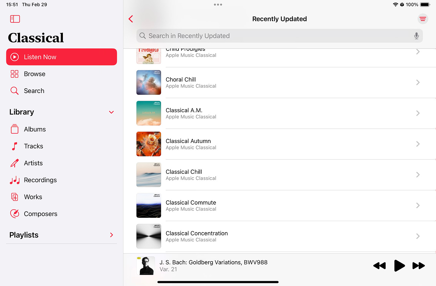 Apple Music Classical’s Listen Now page displaying the Recently Updated playlists list on the iPadOS version. (Light Mode)