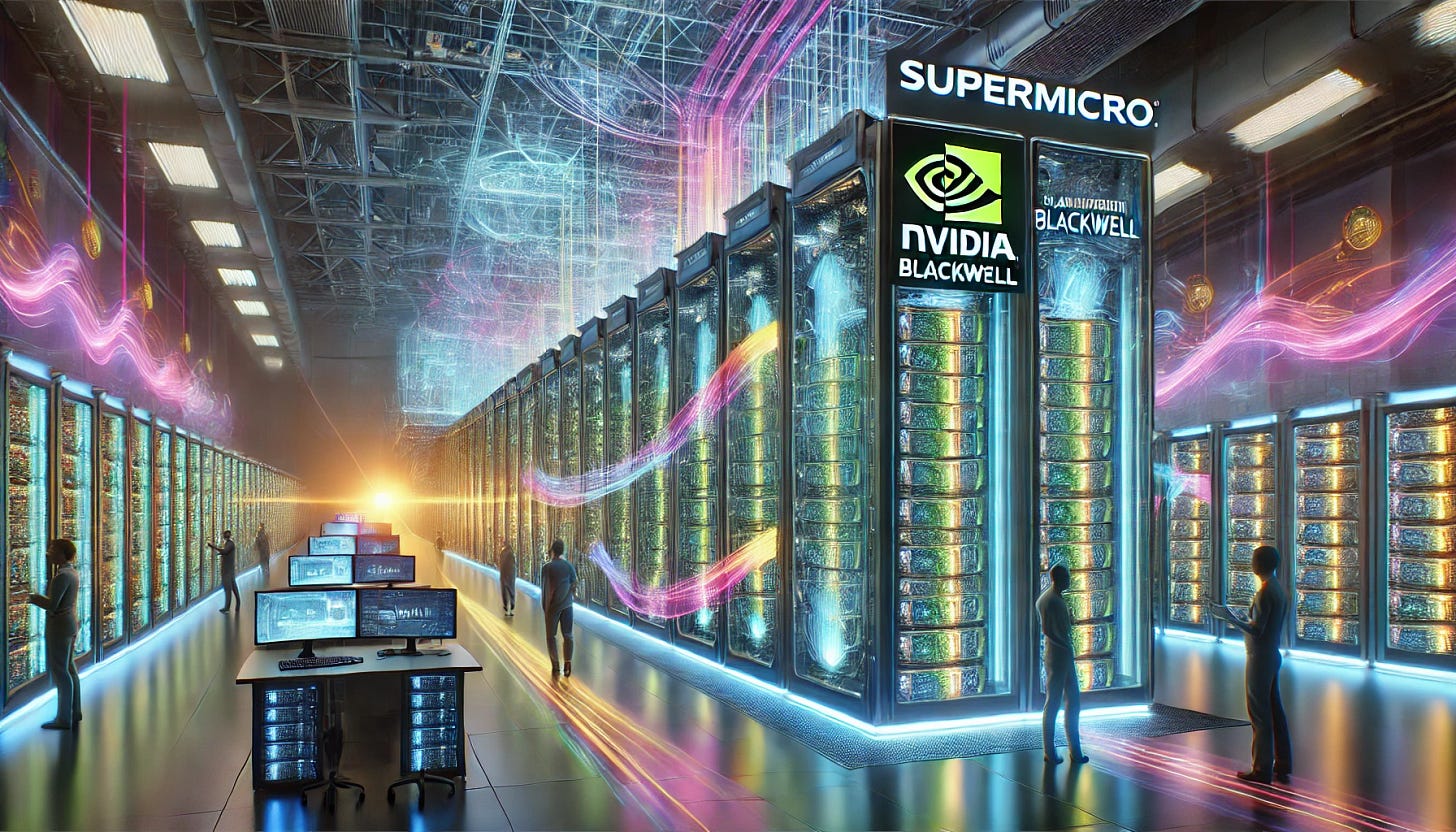 A 16:9 futuristic illustration showcasing Supermicro's ramp-up of NVIDIA Blackwell-powered data centers. The scene features a high-tech Supermicro-branded data center filled with glowing server racks powered by NVIDIA Blackwell GPUs. Liquid-cooled and air-cooled systems are prominently displayed, with vibrant data streams flowing between them, symbolizing advanced AI compute performance. Holographic overlays highlight real-time performance metrics, while engineers and robotic systems manage operations. The background includes a futuristic industrial setting, emphasizing the scale and innovation behind this next-generation AI infrastructure.