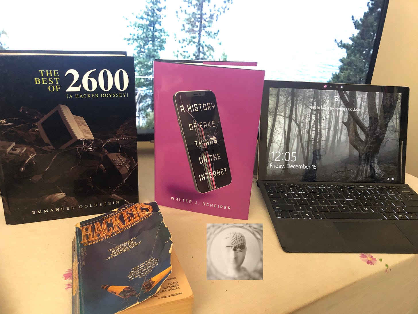 Books, Hackers, The Best of 2600, A History of Fake Things on the Internet and a laptop