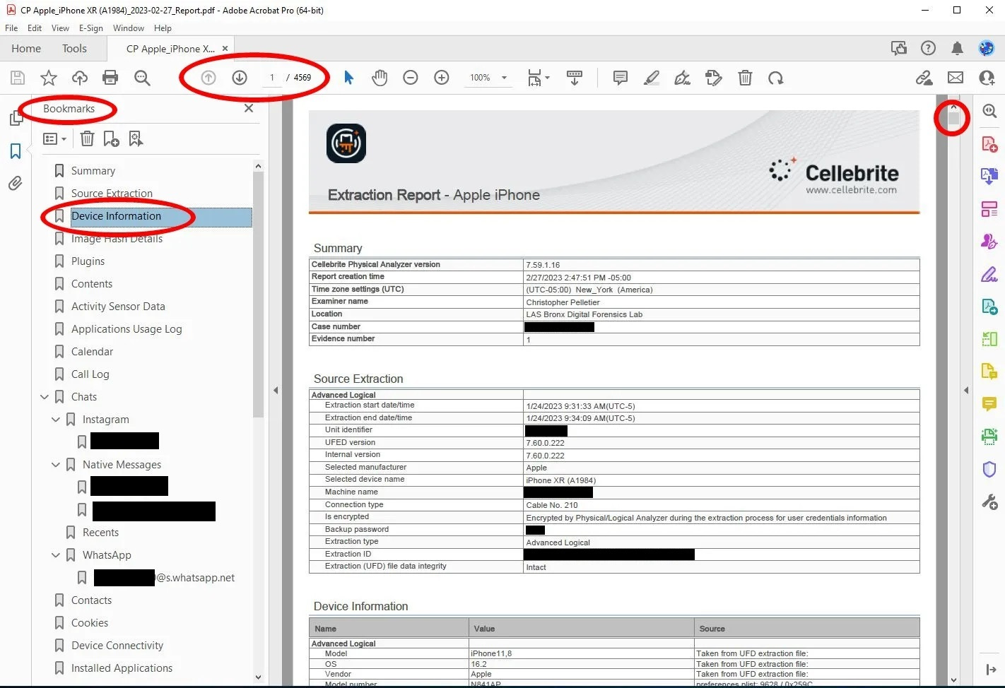 A screenshot of a PDF version of a Cellebrite phone extraction report with navigation options circled in red.