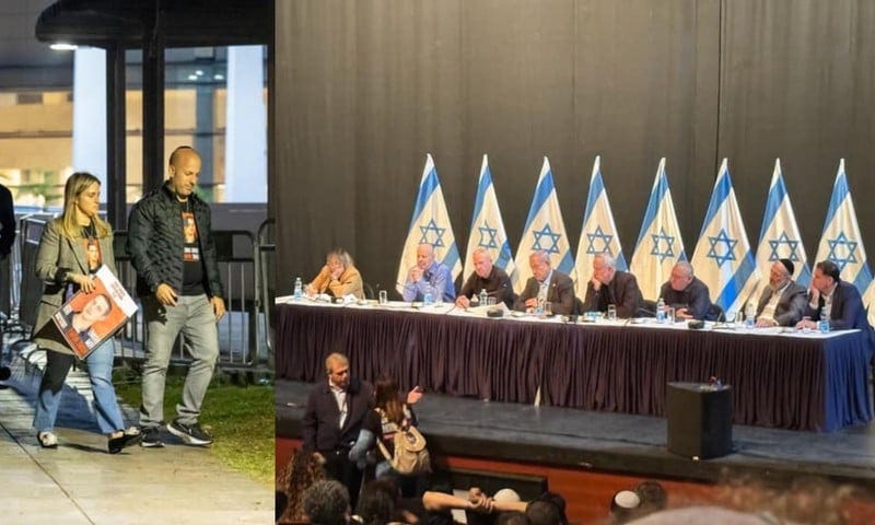 Collage shows relatives of Israeli captives outside a meeting with the war cabinet