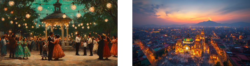 A split image showing two scenes: on the left, a lively outdoor dance in a park with people dressed in traditional Mexican attire, dancing under string lights near a gazebo surrounded by trees; on the right, an aerial view of a city at dusk with the illuminated Palacio de Bellas Artes in the foreground, vibrant city lights, and a distant mountain under a colorful sunset sky.