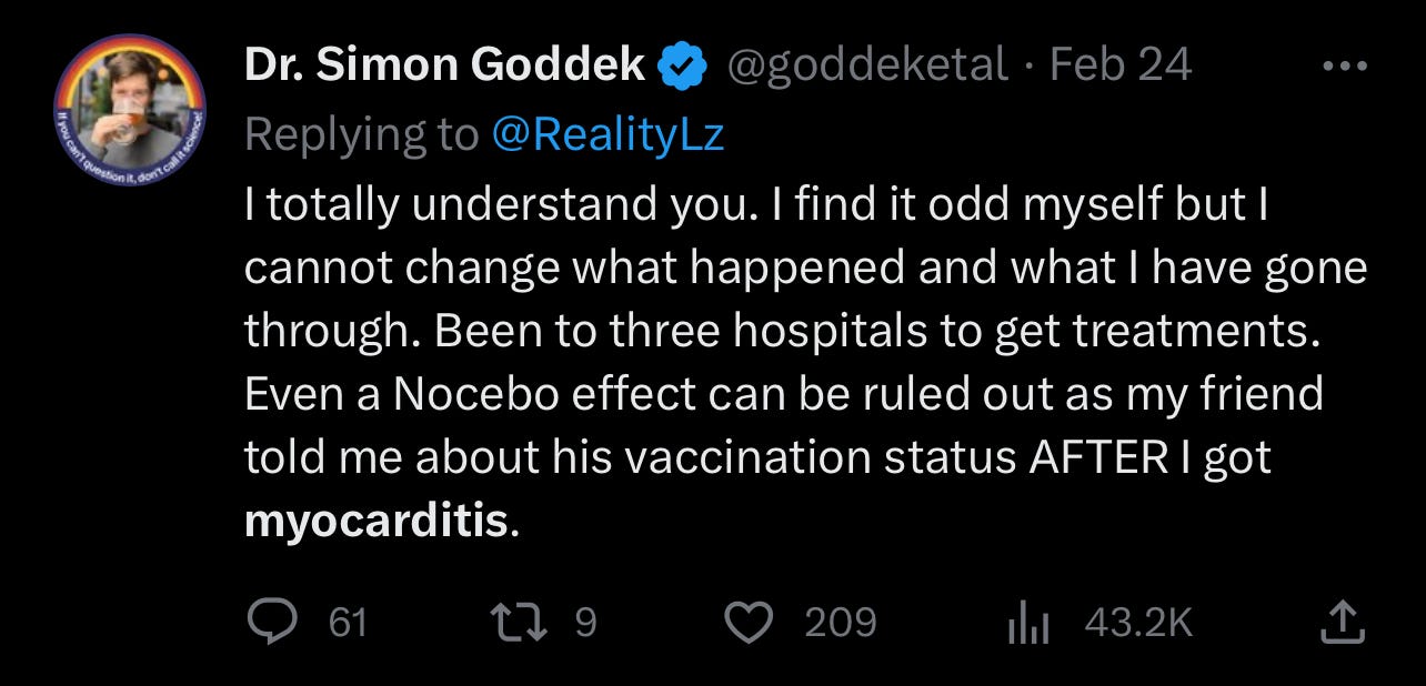 Simon Goddek tweets that he got myocarditis because a vaccinated person breathed on him. This claim is ludicrous and false, obviously.