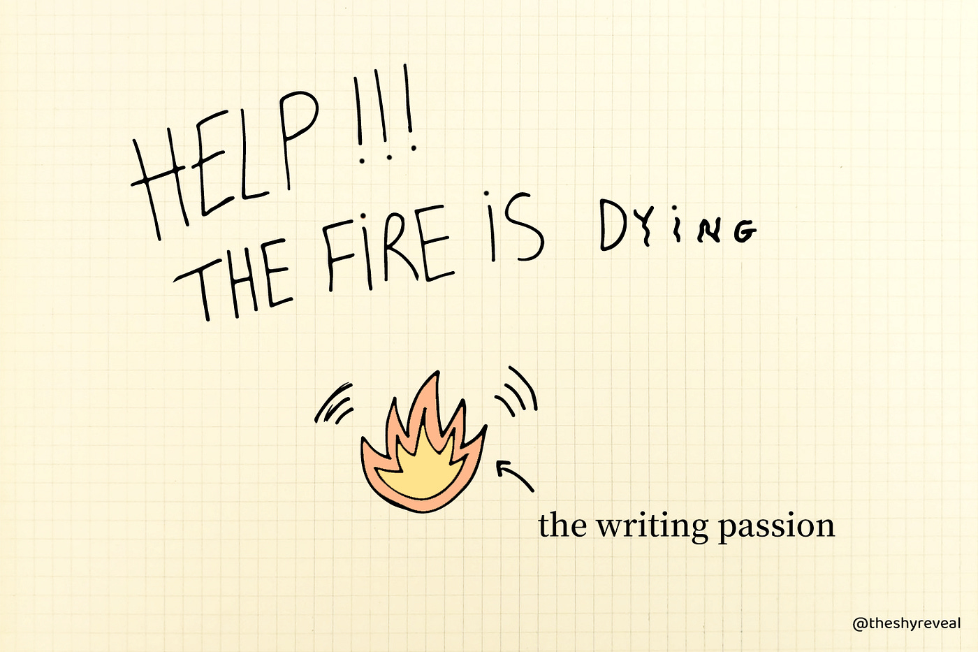 “Help!!! The fire is dying”. With a drawing of a little fire that represents the writing passion.