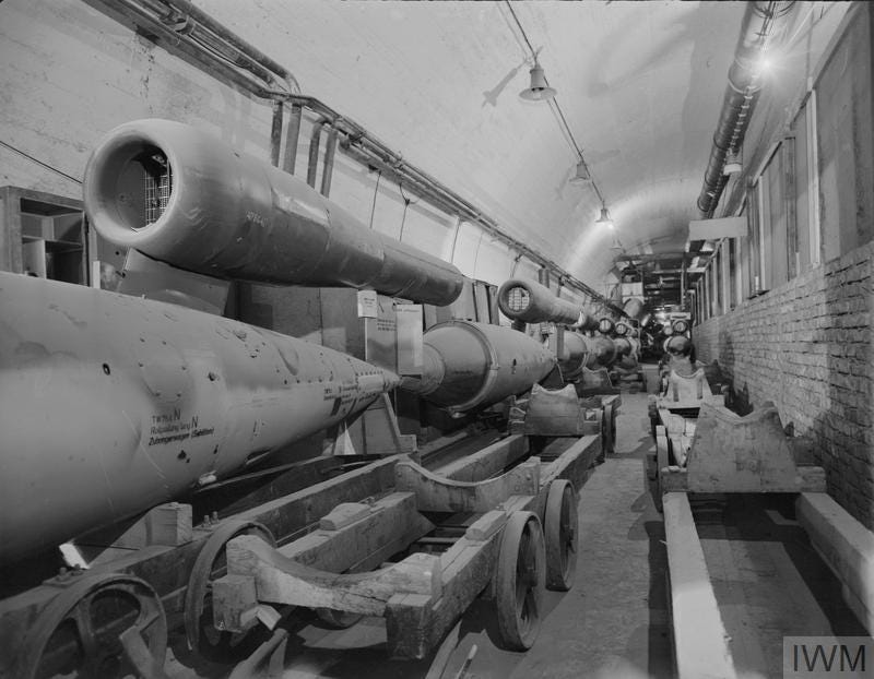 Production line of Fiesler Fi 103 flying bombs at the Central Works , a vast underground production plant at Nordhausen in the Harz Mountains, Germany, following its capture by Allied troops. Production of the V1s numbered 32,000; by March 1945, when the sites were finally overrun by the Allied armies, some 5,500 V1s, each carrying a one-ton warhead, had reached Britain.