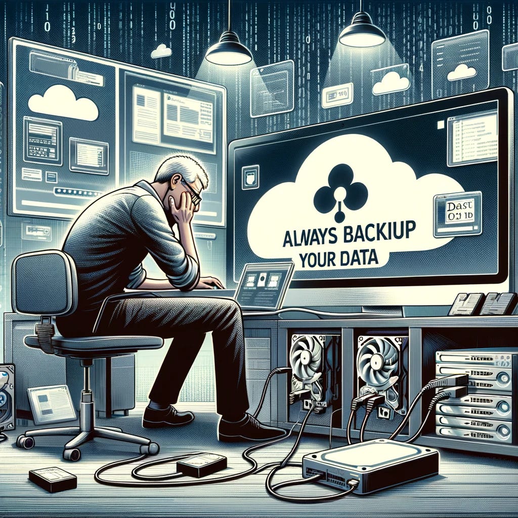 A creative digital illustration that conveys the message 'Always Backup Your Data'. The image features a computer workstation with multiple screens, one displaying a message about the importance of data backup. There are external hard drives connected to the computer, symbolizing the backup process. The scene includes a distressed user, a middle-aged man with glasses, who is relieved as he restores data from the backup devices. The background is an office setting, subtly filled with data-related imagery like cloud icons and binary code. The atmosphere emphasizes the critical and essential practice of regularly backing up data to avoid data loss.