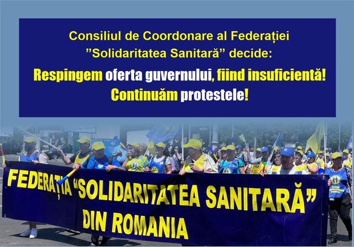 Ar putea fi o imagine cu 2 persoane şi text care spune „Consiliul de Coordonare al Federației "Solidaritatea Sanitară" decide: Respingem oferta guvernului, fiind insuficientă! Continuăm protestele! FEDERAȚIA SOLIDARITATEA SOLIDAR SANITARĂ" DIN ROMANIA 1E0”