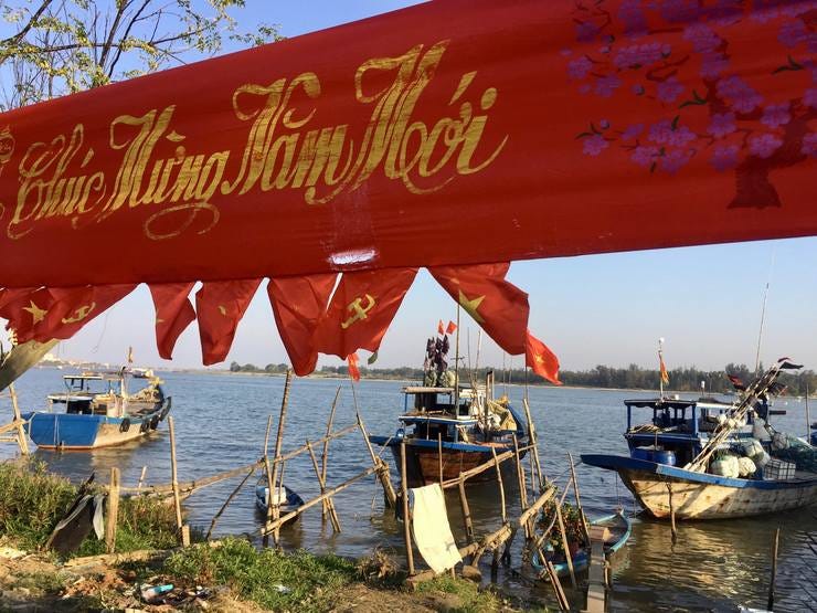 A fishing village in Vietnam decorated for the Lunar New Year