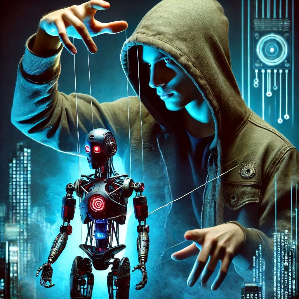 a robot being puppeted with strings by a sinister young man in a hoodie, cyberpunk