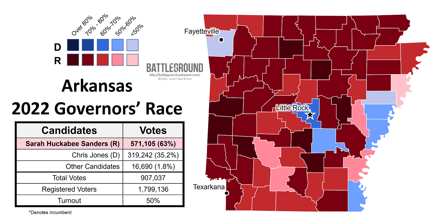 Arkansas 2022 Gubernatorial Vote Map