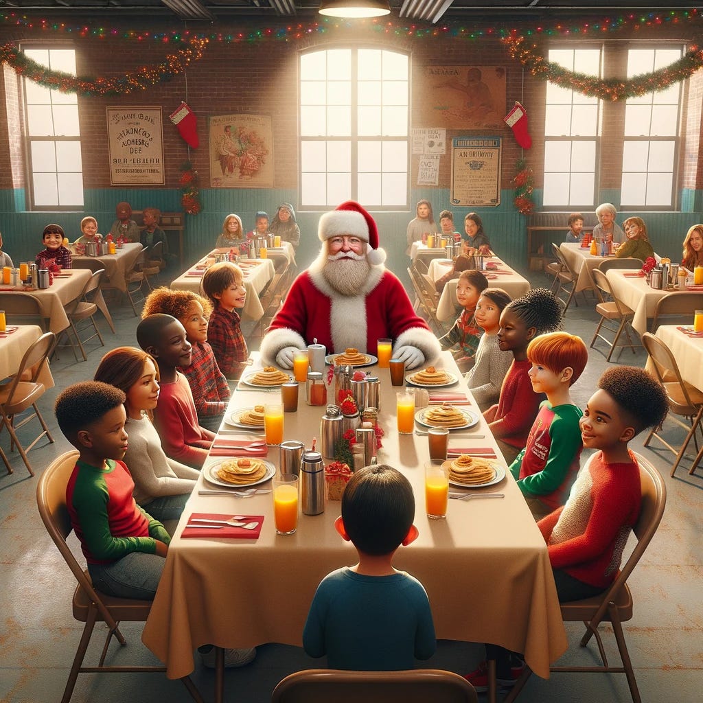 Create a highly photorealistic digital illustration of a festive breakfast scene inside a community center in Palm Bay, Florida. The scene should feature Santa Claus seated at the head of a long table, with ten culturally diverse children of various descents and genders seated around it. The table is set with a holiday breakfast, including pancakes and orange juice, and Santa has a steaming cup of coffee. The children are in comfortable, Florida-appropriate attire. The community center is decorated with Christmas lights and garlands, enhancing the warm and inclusive holiday atmosphere.