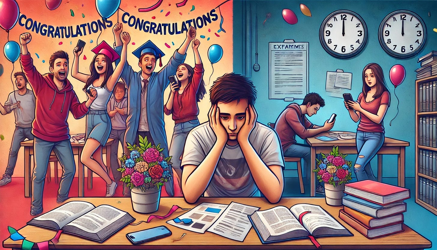 Split image showing two contrasting scenes: on the left side, a colorful and festive scene with people celebrating passing an exam, holding their phones displaying congratulatory messages, and expressing joy. On the right side, a more subdued and somber scene with an individual sitting alone, looking at their phone with a disappointed expression, surrounded by study materials. The background hints at an exam setting with a clock, books, and papers, evoking empathy and support for those who didn't pass the exam.