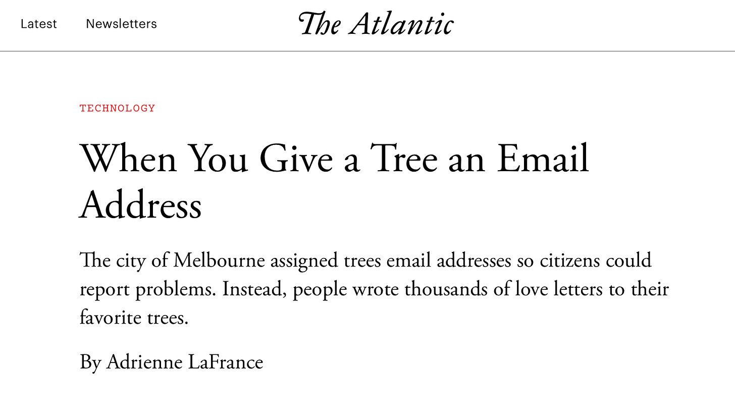 A screenshot of an online article from The Atlantic. The title is “When You Give a Tree an Email Address”